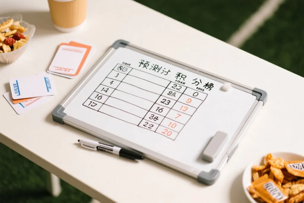 观赛派对桌面上的比分竞猜卡片与小白板排行榜，暖色灯光氛围