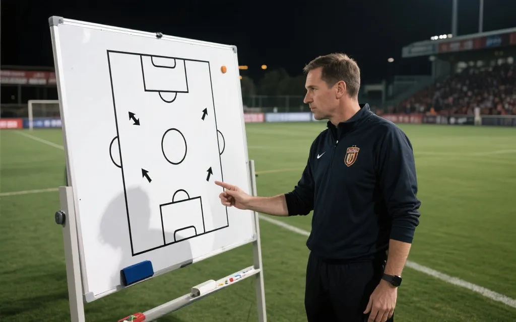 教练战术板与攻防站位示意的比赛分析场景