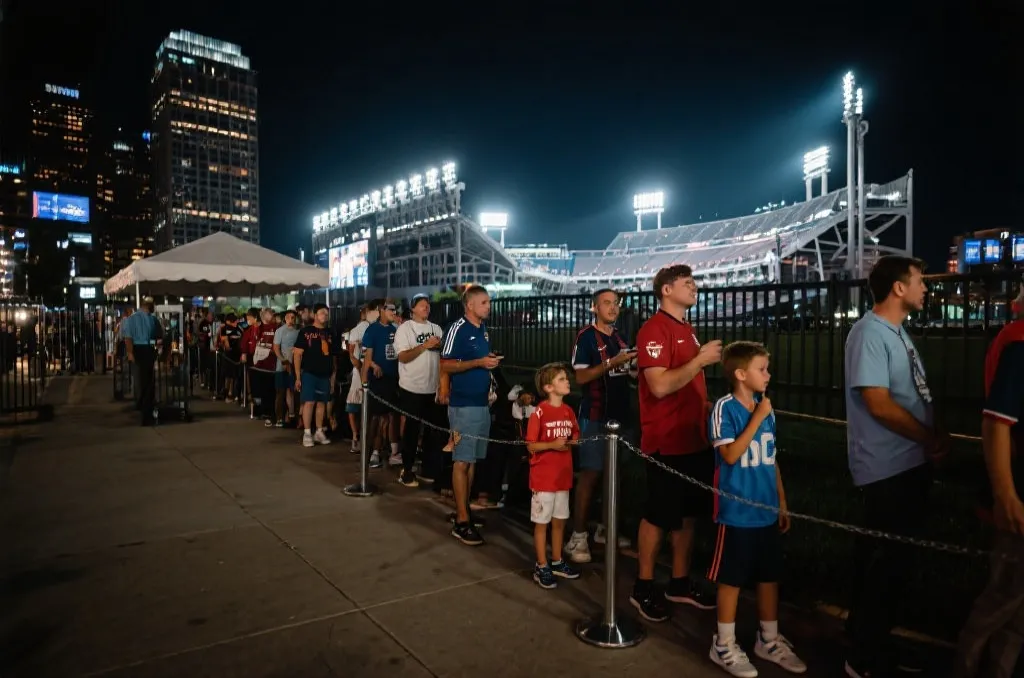家庭球迷在世界杯球场外等候入场的温馨场景